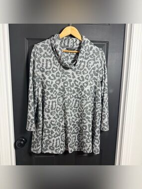 John Mark Gray Leopard Print Cowl Neck Sweater Top